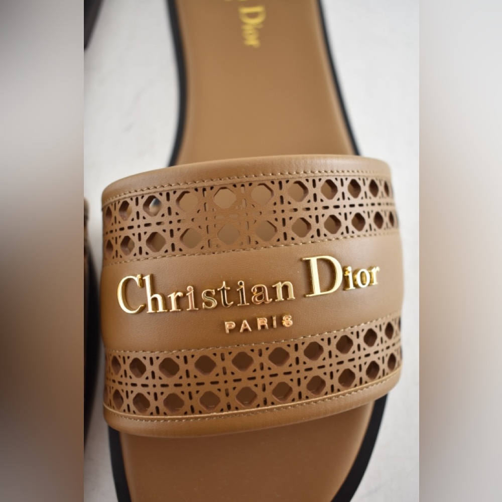 Dior D-Lane Dway Micro Cannage Chestnut Brown Leather Logo Slide Flat Sandal 39 - Picture 11 of 16